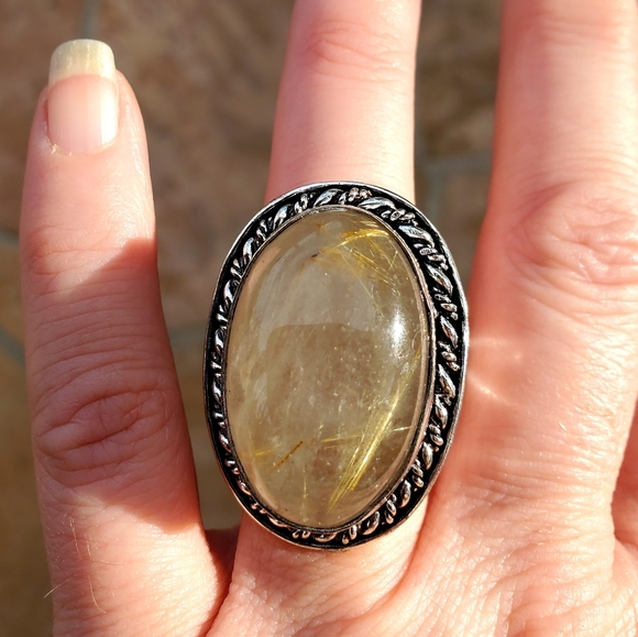 New Huge Golden Rutile Quartz 925 Silver Statement Ring. - Picture 4 of 16